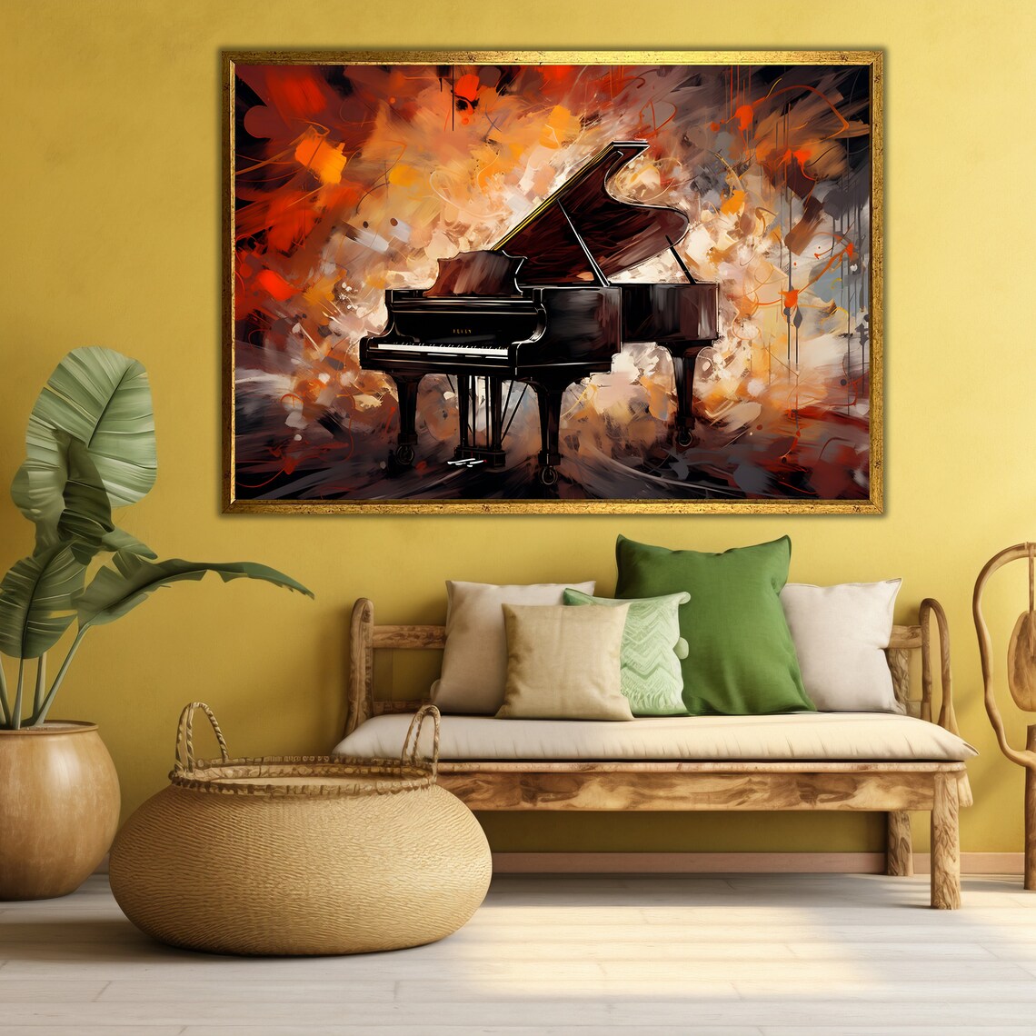 Black Grand Piano Abstract Painting Orange Music Room Wall Art - Image 4