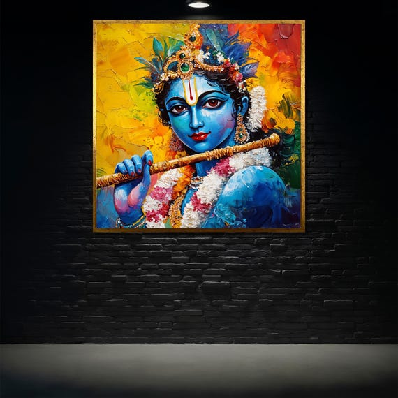Lord Krishna Painting Vibrant Hindu Wall Art Colorful Divine Artwork Large Spiritual Home Decor Krishna Flute Gift For Devotees