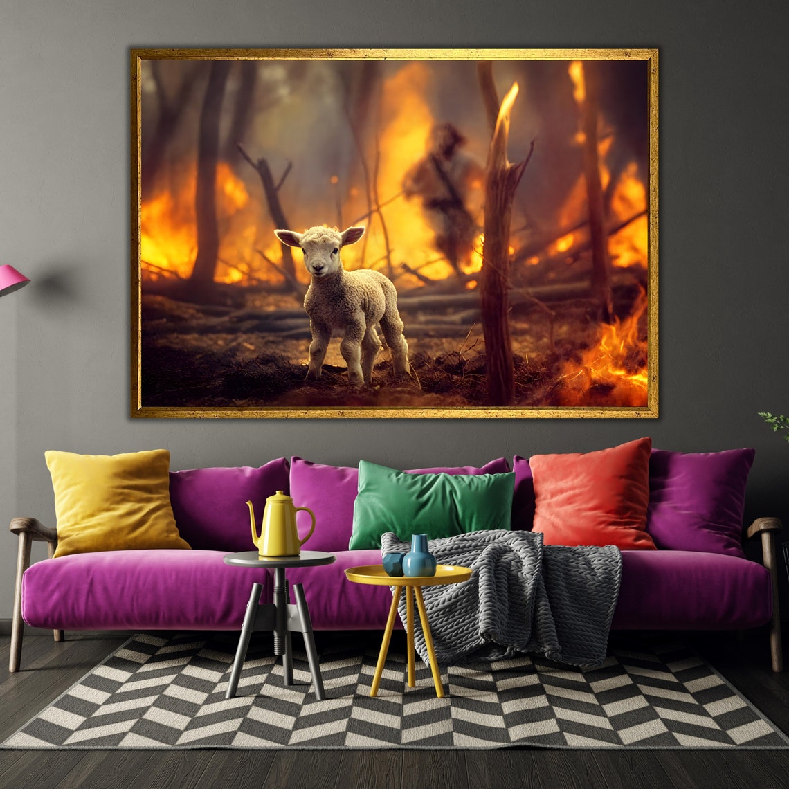 Jesus Running to Save Lamb From Burning Forest Christian Art Poster - Image 3
