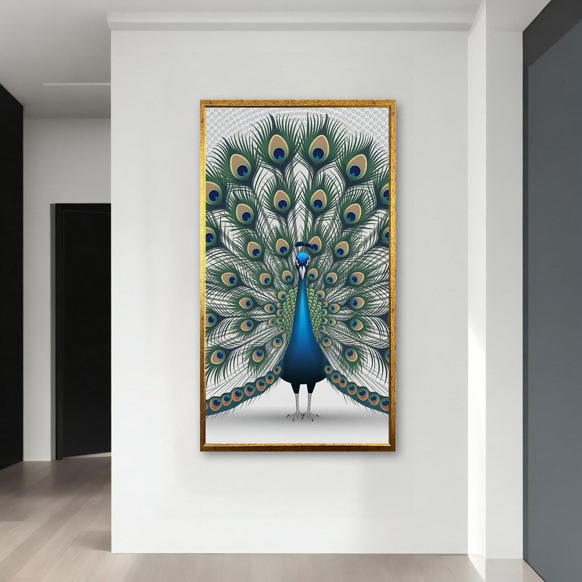 Majestic Peacock Full Fanned Tail Feather Display White Art Poster - Image 3