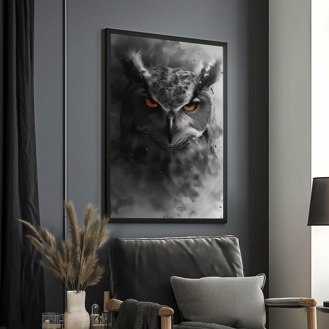 Black Owl Intense Orange Eyes Dark Moody Wildlife Portrait Poster