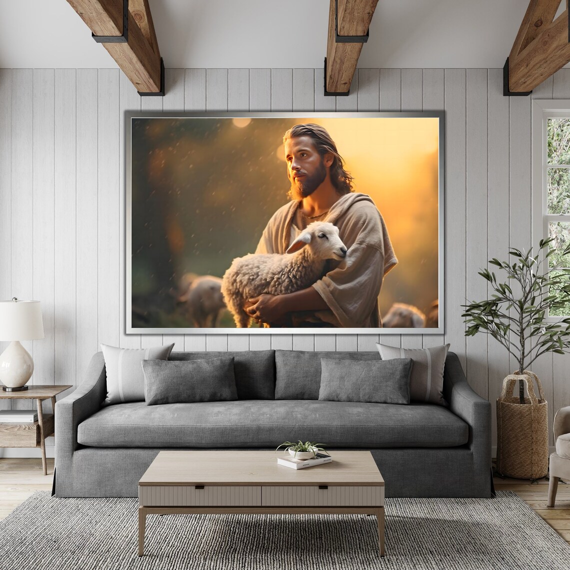 Jesus Holding Lamb Golden Light Tender Shepherd Christian Art Poster - Image 4