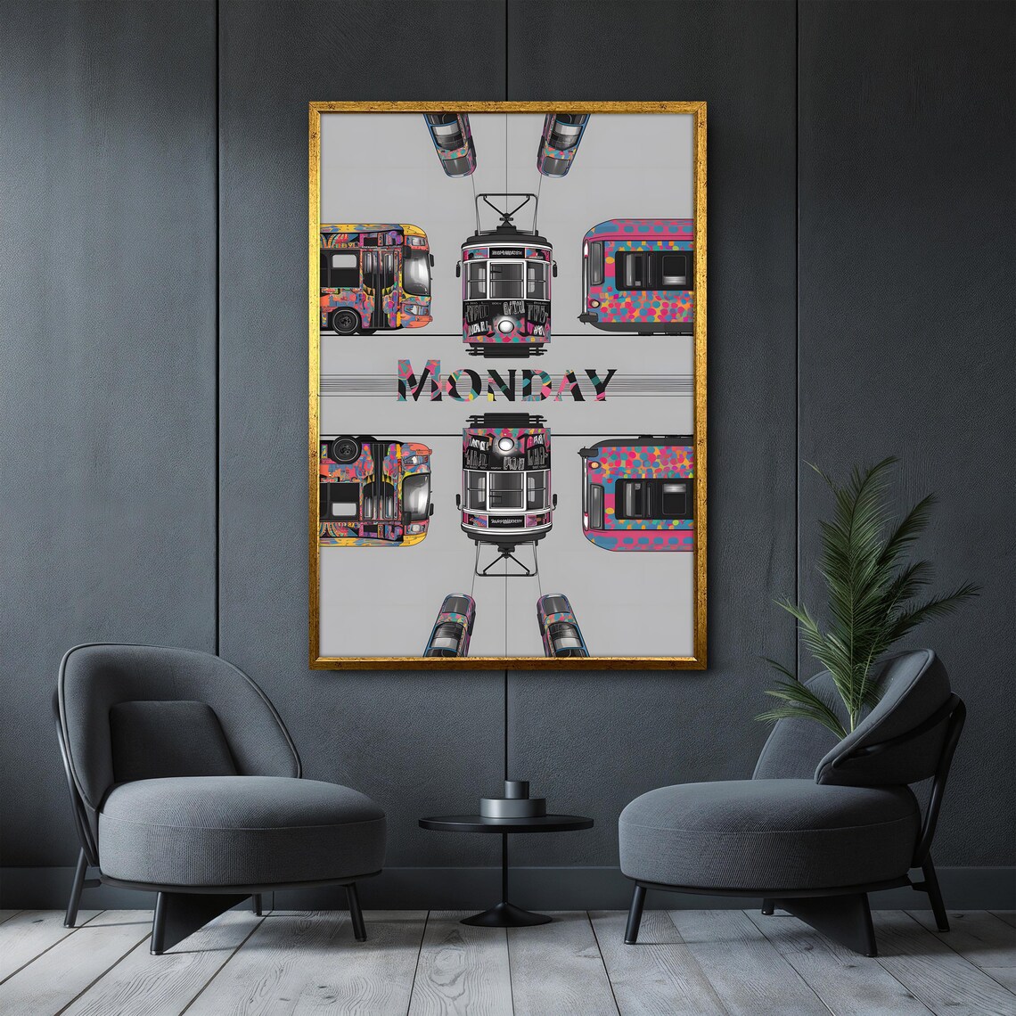 Colorful Tram Bus Pop Art Monday Geometric Retro City Transport Poster - Image 4
