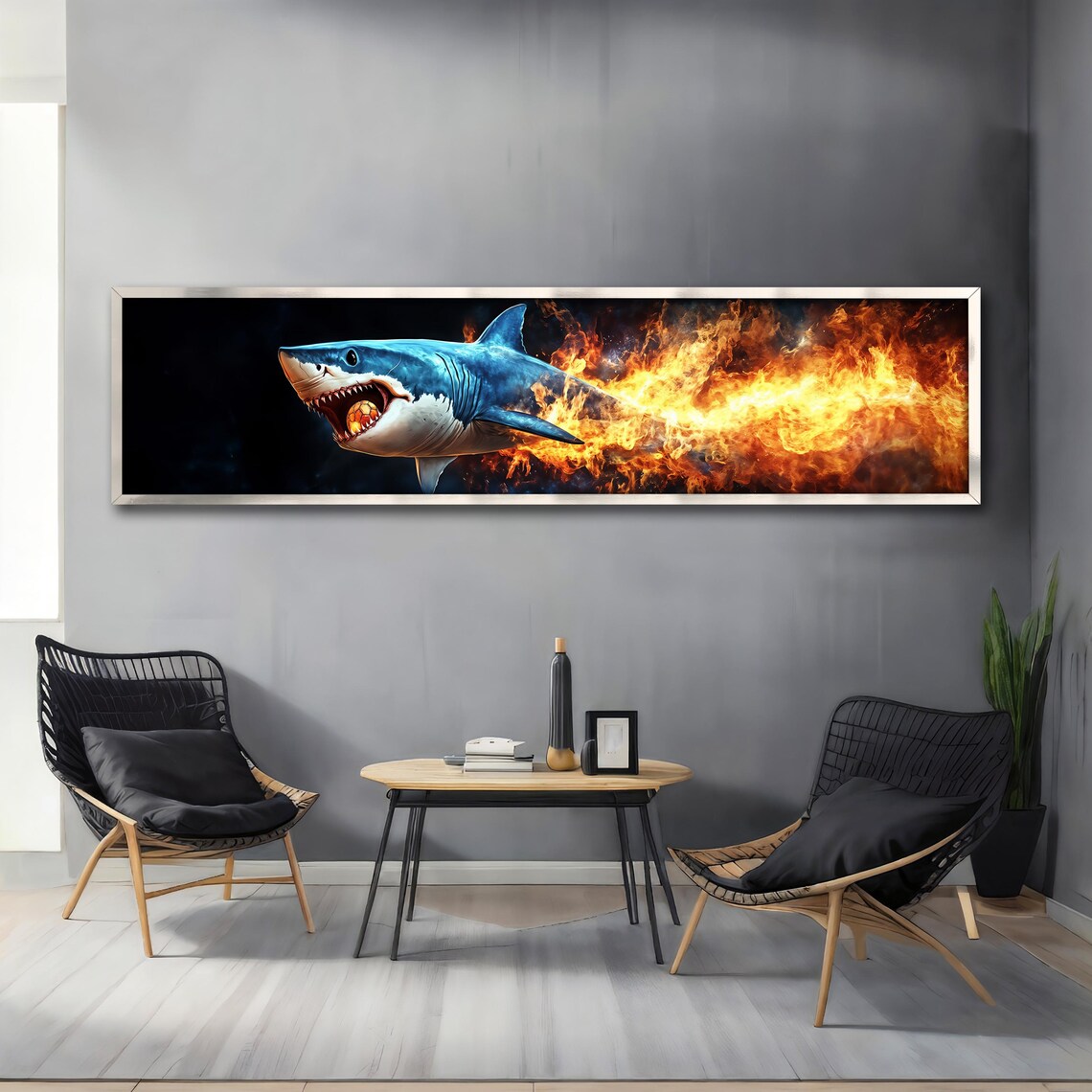 Fire Breathing Shark Flames Panoramic Action Animal Art Poster - Image 4