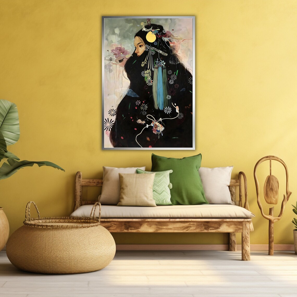Moonlit Woman Profile Long Black Hair Floral Ethereal Portrait Poster - Image 4