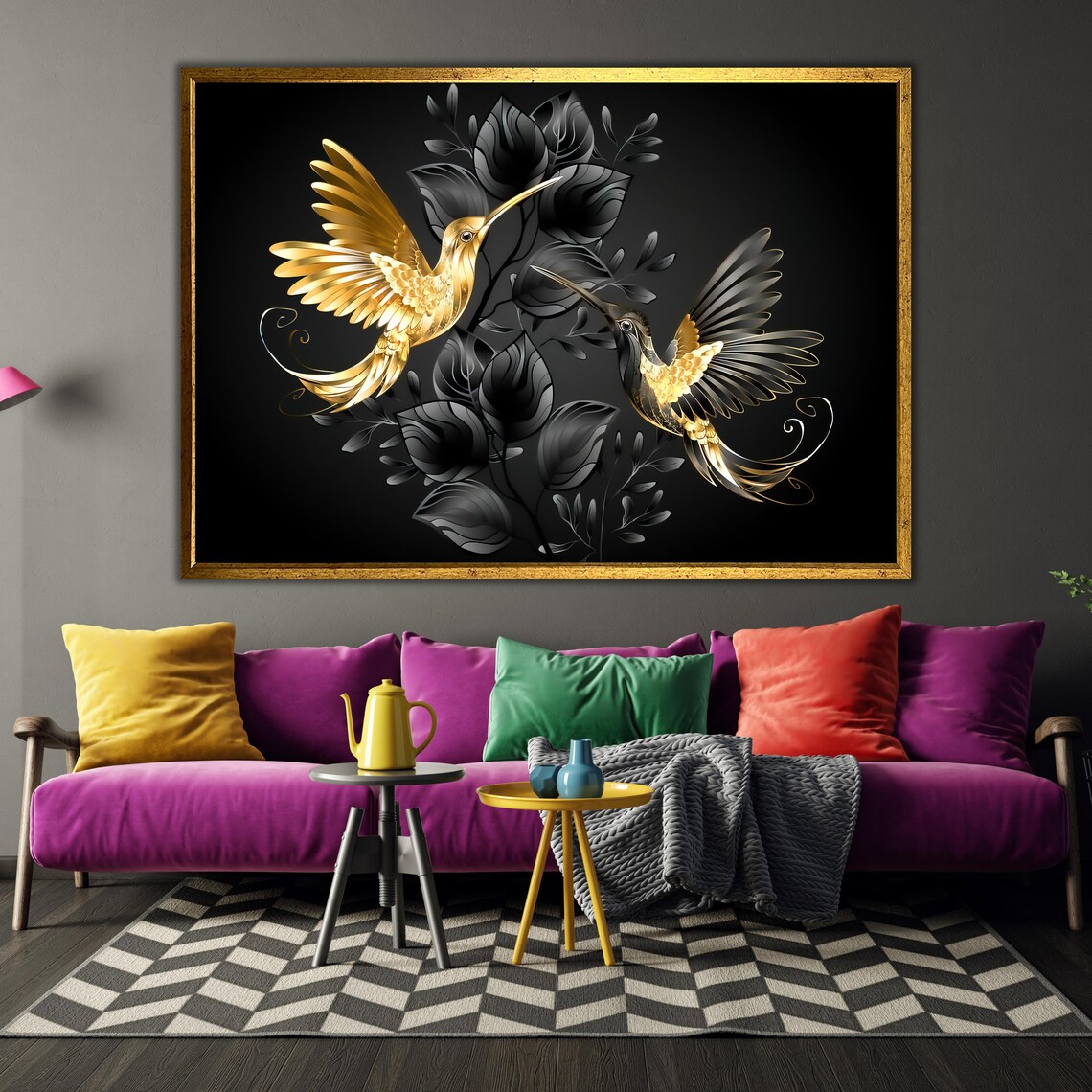 Golden Hummingbirds on Black Luxurious Black and Gold Bird Wall Art - Image 3