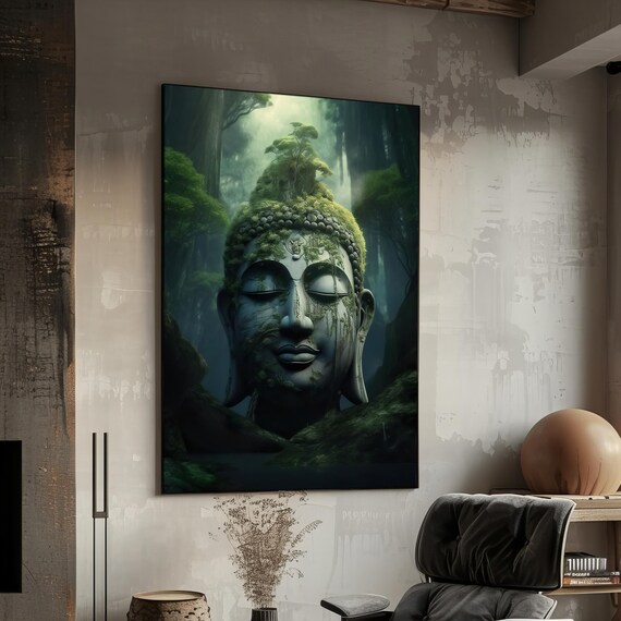 Moss Covered Buddha Head Stone Statue In Misty Forest Zen Wall Art