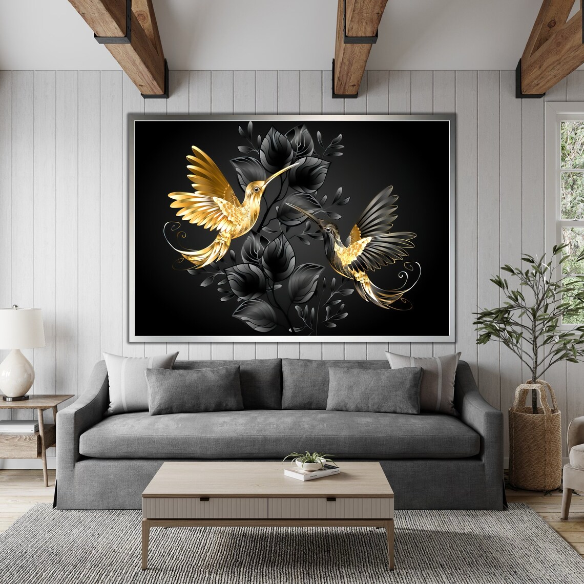 Golden Hummingbirds on Black Luxurious Black and Gold Bird Wall Art - Image 4