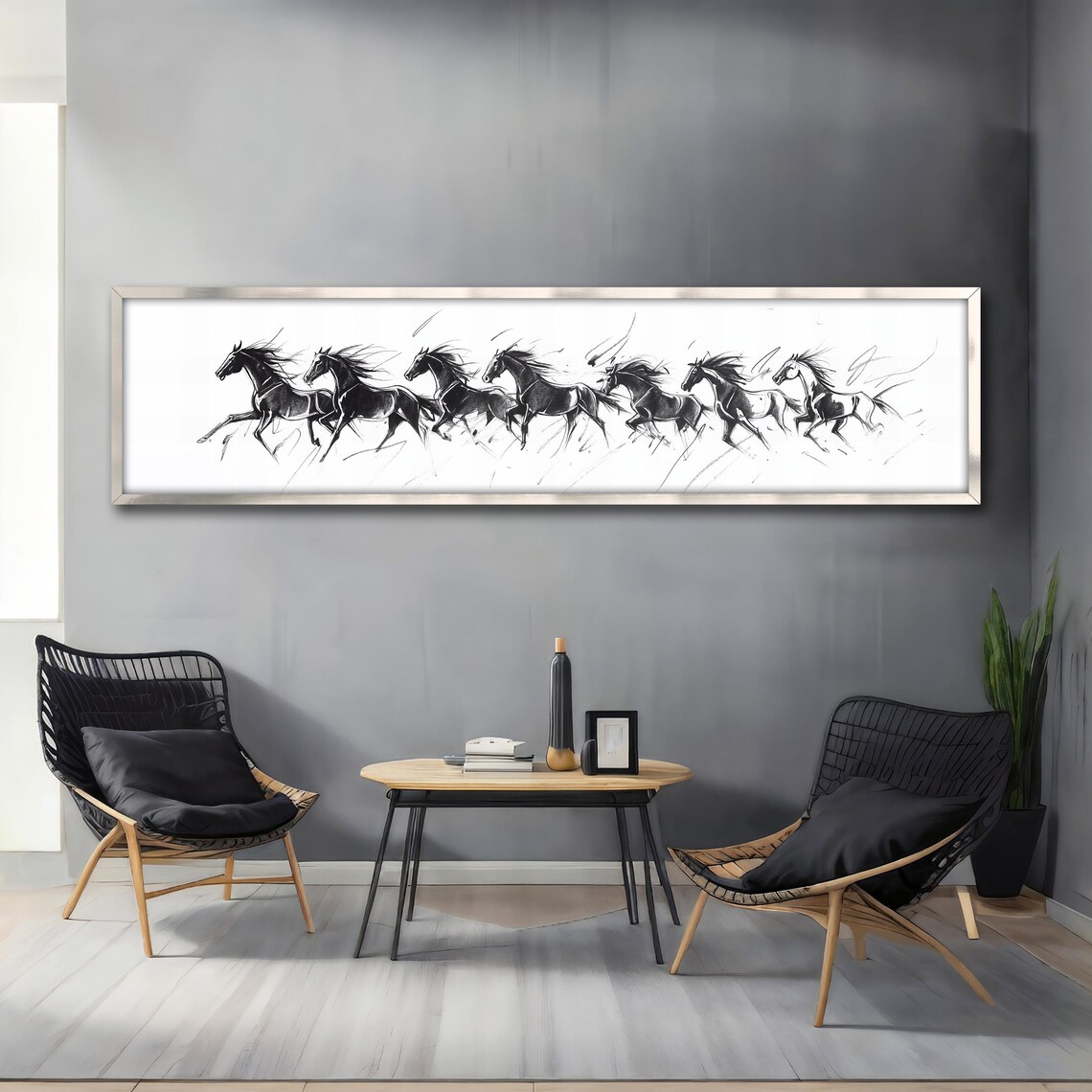 Seven Running Horses Black White Panoramic Sketch Art Poster - Image 4