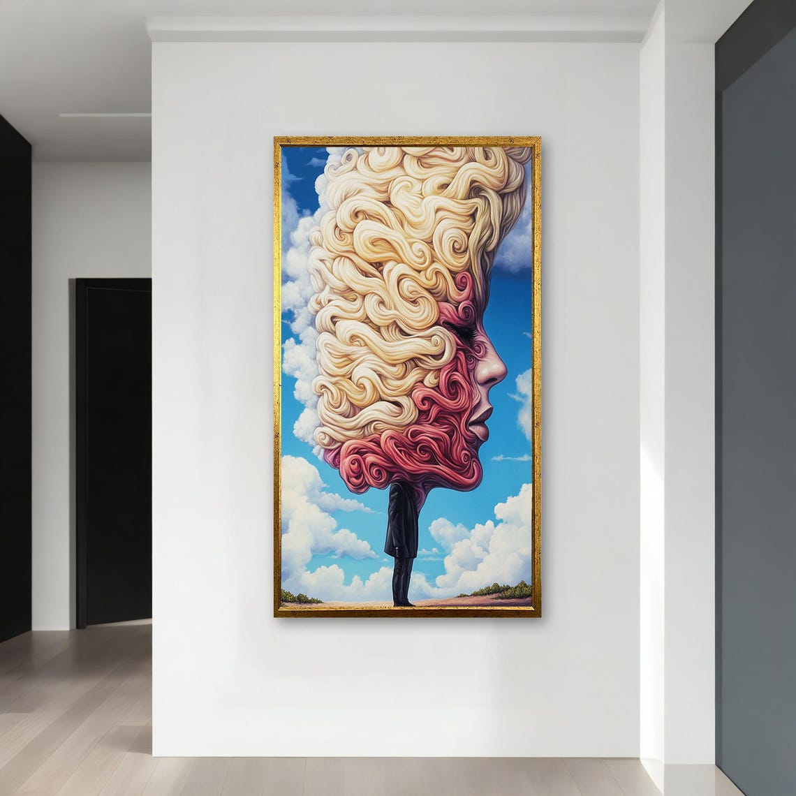 Surreal Portrait Art Whimsical Face Clouds Painting Unique Wall Decor Dreamlike Artwork Ready To Hang Modern Home Decor - Image 4