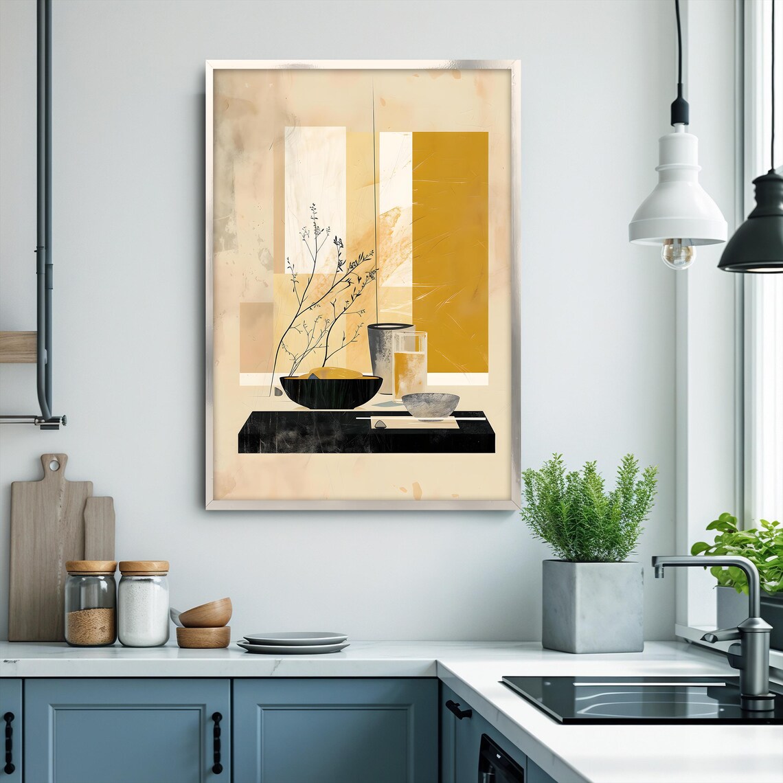 Minimalist Abstract Still Life Beige Mustard Japandi Kitchen Wall Art - Image 3