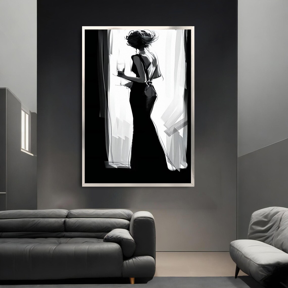 Black And White Elegant Woman Silhouette In Gown Fashion Wall Art Poster - Image 3