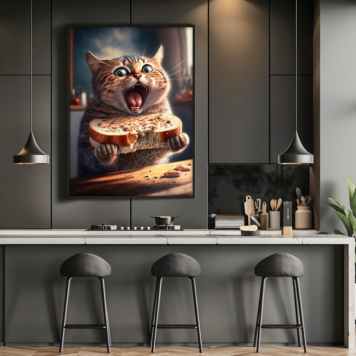 Funny Cat Eating Bread Toast Happy Tabby Quirky Kitchen Wall Art Poster