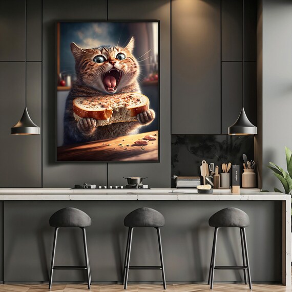 Funny Cat Eating Bread Toast Happy Tabby Quirky Kitchen Wall Art Poster