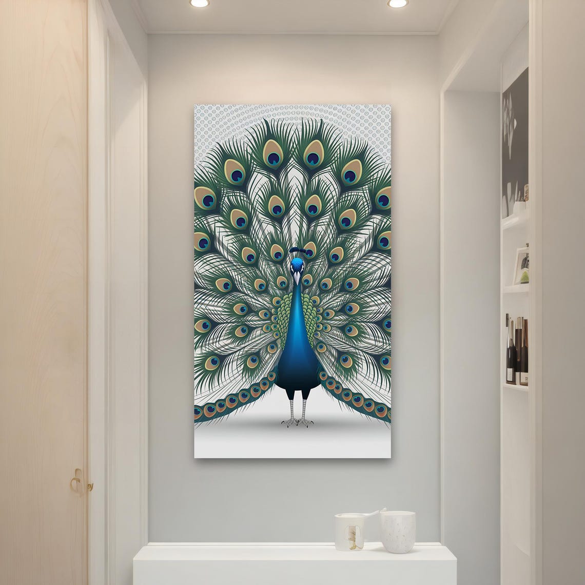Majestic Peacock Full Fanned Tail Feather Display White Art Poster - Image 4