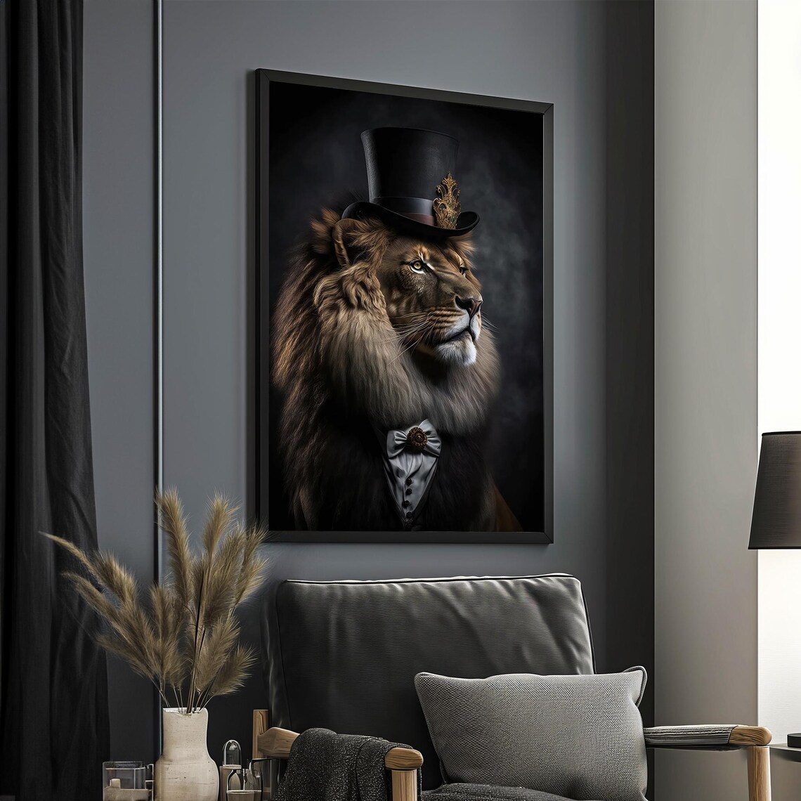 Dapper Lion In Top Hat And Bow Tie Gentleman Animal Portrait Wall Poster