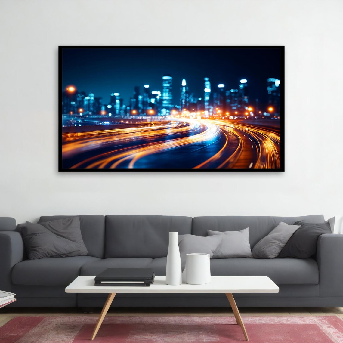 City Night Lights Trails Highway Skyline Long Exposure Wall Art Poster - Image 2