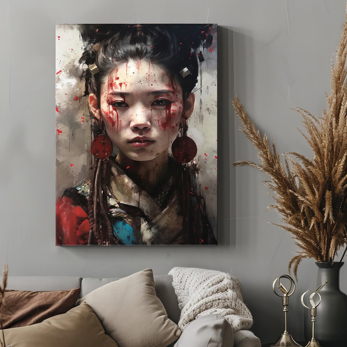 Warrior Woman Face Red War Paint Splatter Japanese Art Style Poster - Image 4