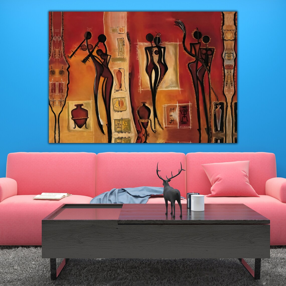 Abstract African Tribal Figures Warm Orange Ethnic Art Wall Art - Image 2