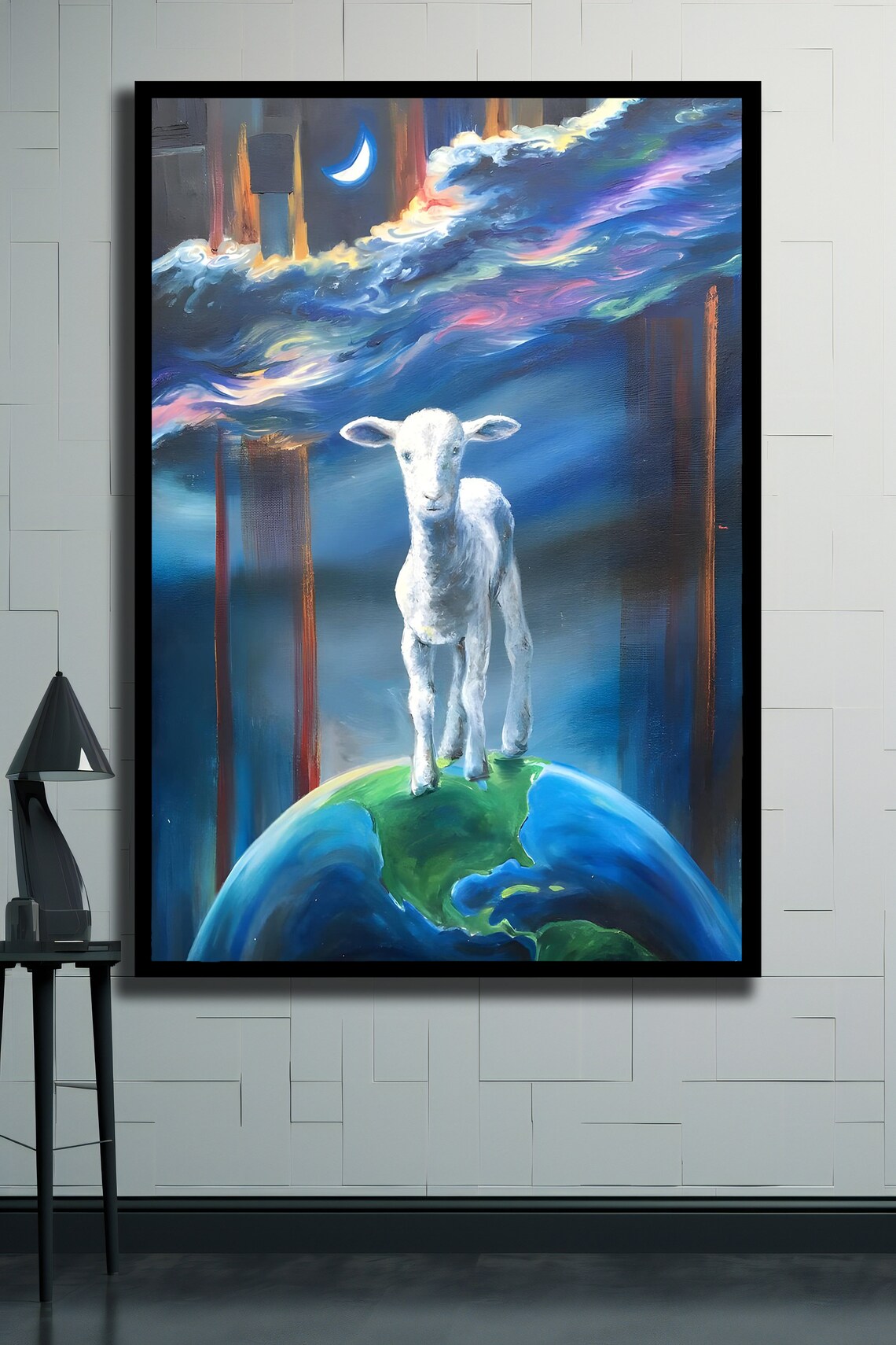Surreal Lamb Standing On Earth Globe Night Sky Crescent Moon Art Poster - Image 2