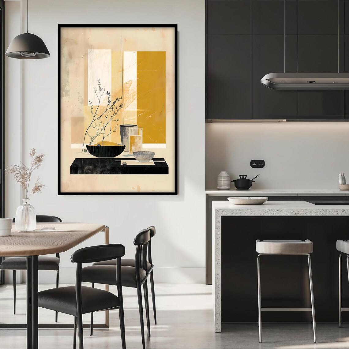 Minimalist Abstract Still Life Beige Mustard Japandi Kitchen Wall Art - Image 2