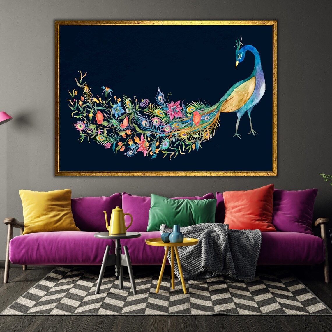 Floral Watercolor Peacock Elegant Bird Navy Background Wall Art Poster - Image 3