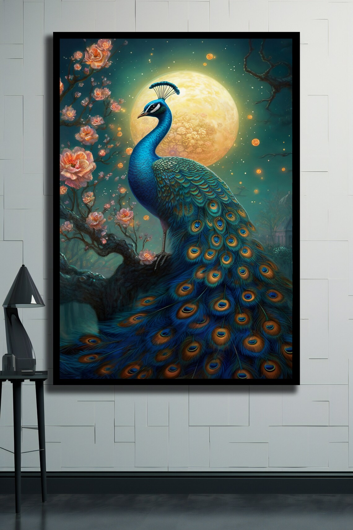 Moonlit Peacock Cherry Blossom Night Garden Turquoise Blue Wall Poster - Image 2
