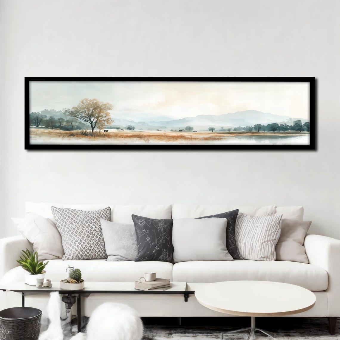 Panoramic Neutral Autumn Tree Meadow River Landscape Wall Art Poster - Image 3