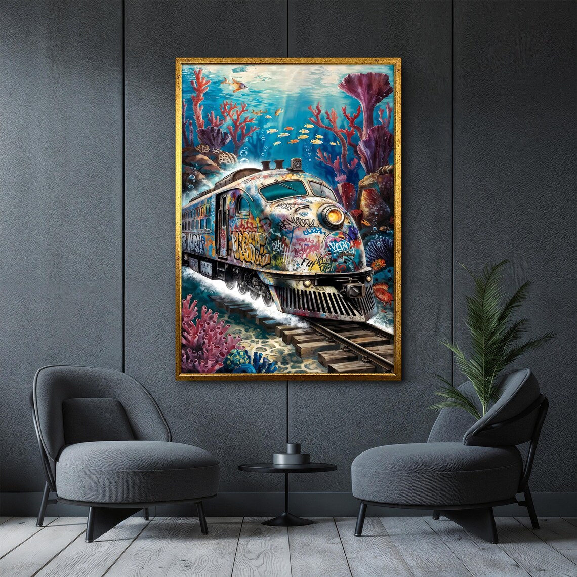 Vibrant Underwater Graffiti Train Art Surreal Ocean Art With Coral And Fish Graffiti Train Wall Art Unique Wall Decor Gift Idea - Image 4