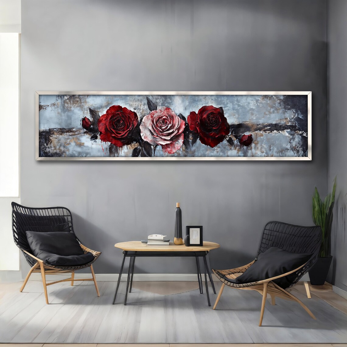 Red Pink Roses on Textured Gray Rustic Panoramic Floral Art Poster - Image 4