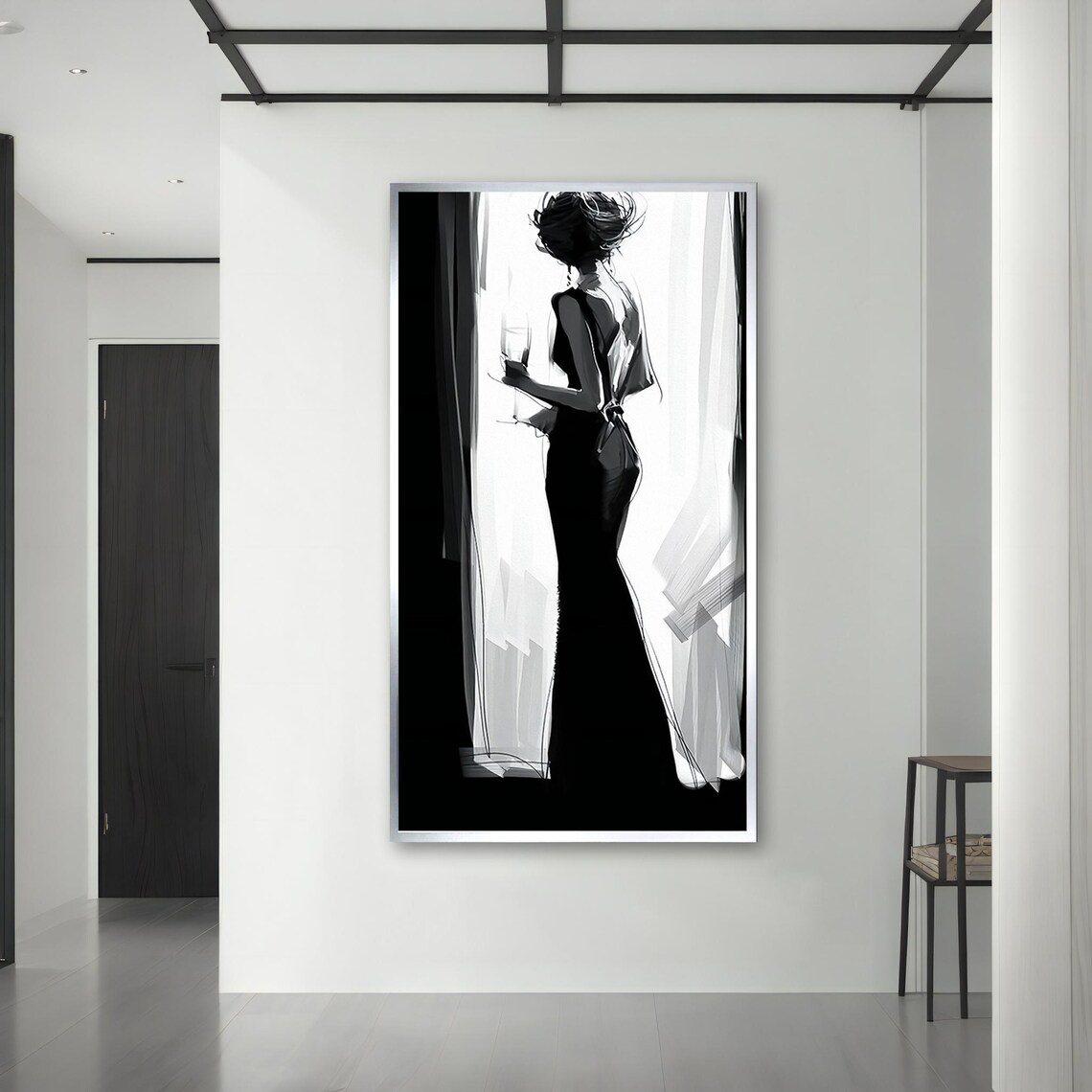 Black White Elegant Woman Gown Champagne Fashion Silhouette Art Poster - Image 3
