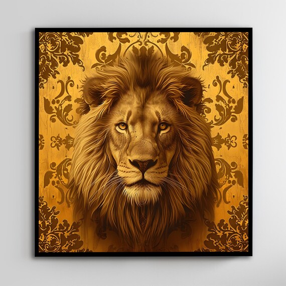 Golden Lion Portrait Ornate Damask Background Regal Wildlife Art Poster