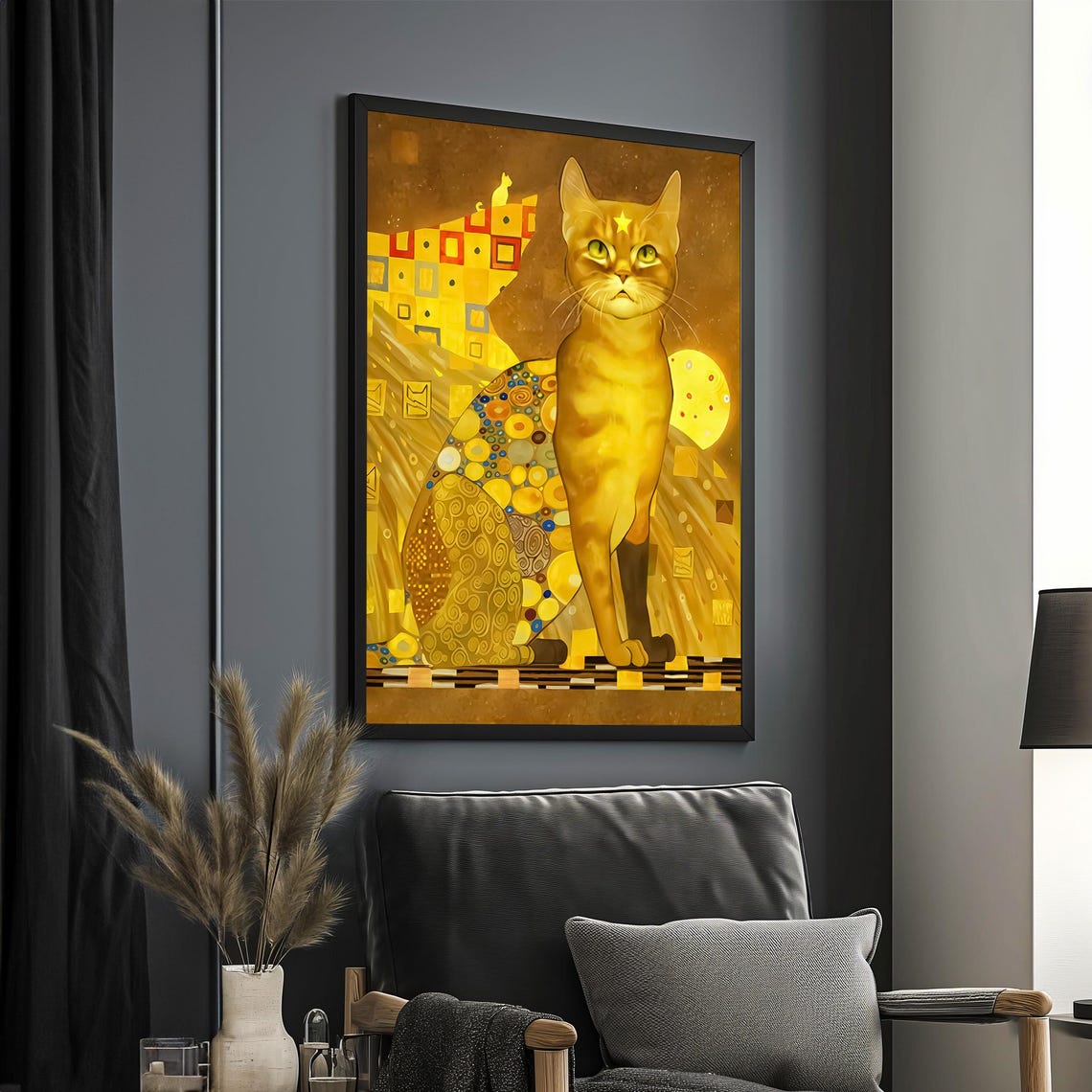 Golden Cat Klimt Inspired Art Modern Feline Wall Decor Stunning Home Decor Ready To Hang Unique Gift