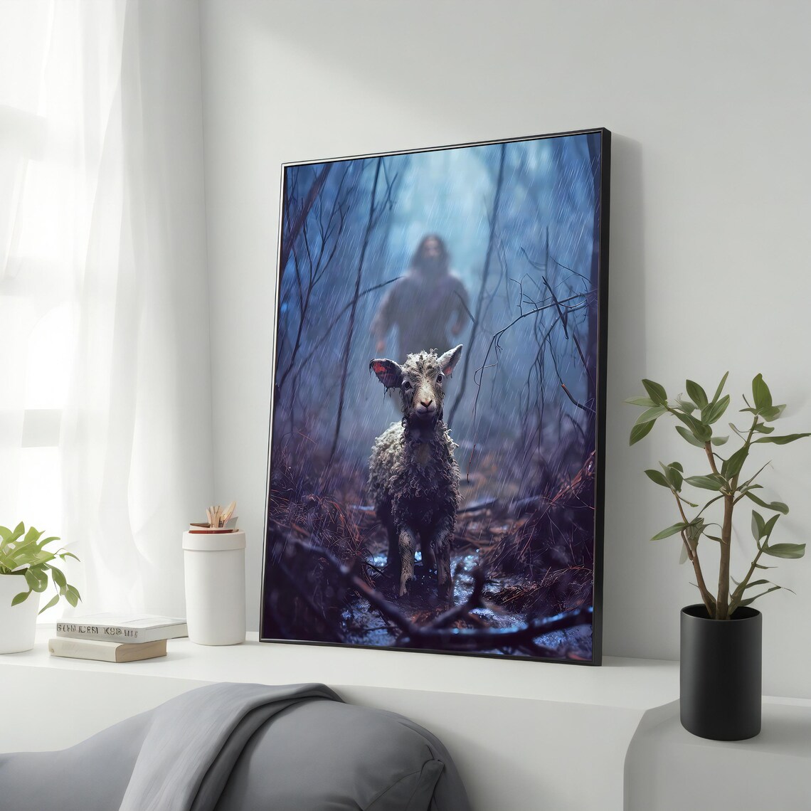 Lost Lamb In Rainy Forest Shepherd Searching Christian Art Poster