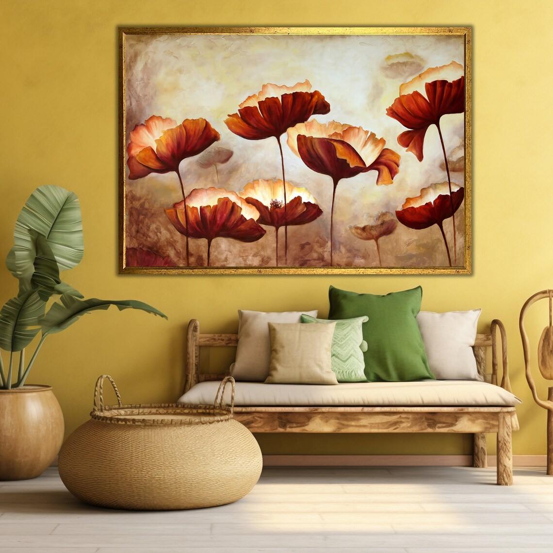 Sunset Poppy Flowers Textured Painting Warm Orange Red Blooms Wall Art - Image 3