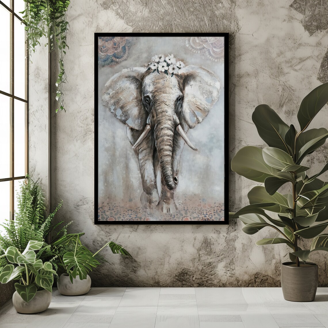 Elephant With Flower Crown Gray Textured Boho Mandala Wildlife Poster - Image 2
