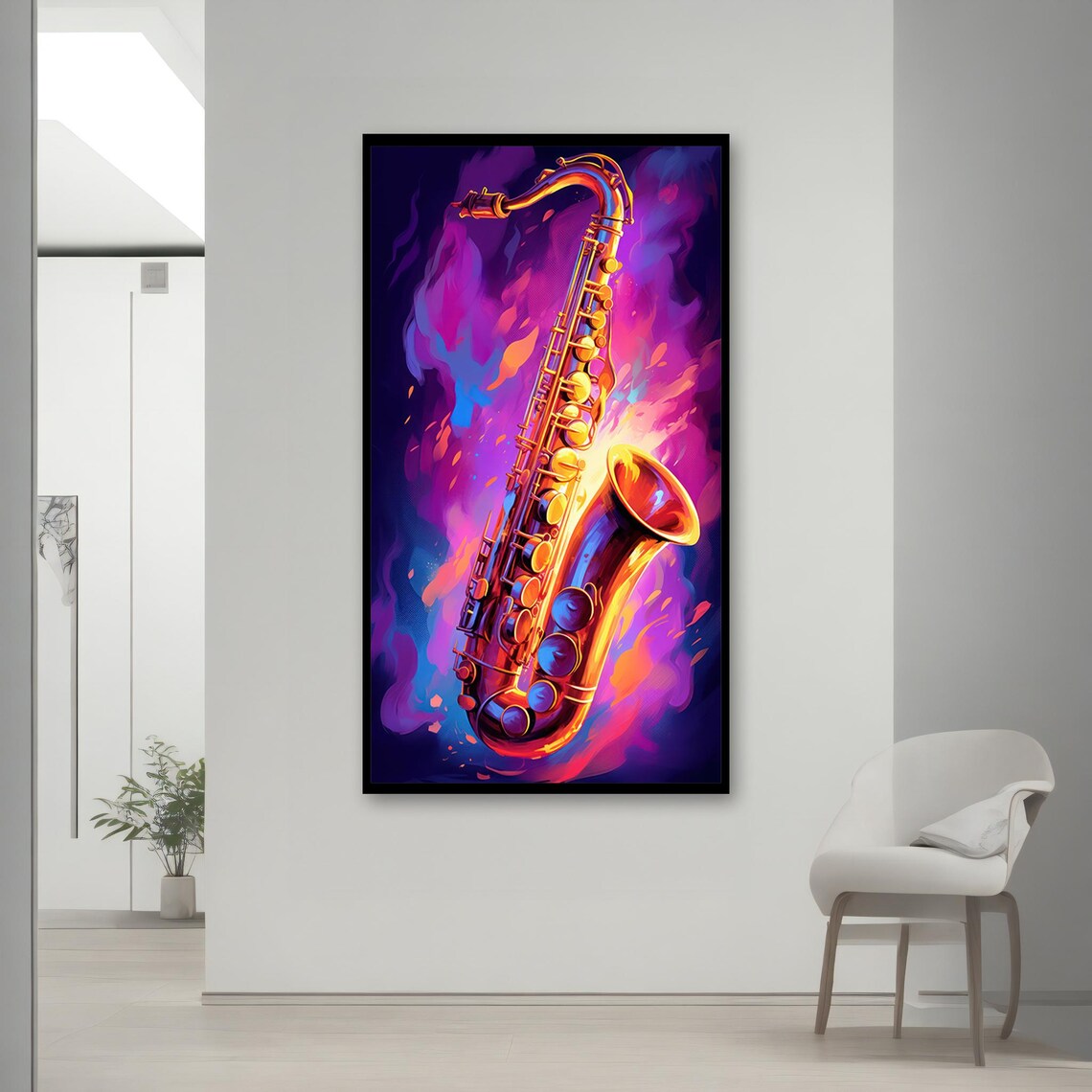 Neon Saxophone in Purple and Orange Flames Vibrant Jazz Music Art Poster - Image 2