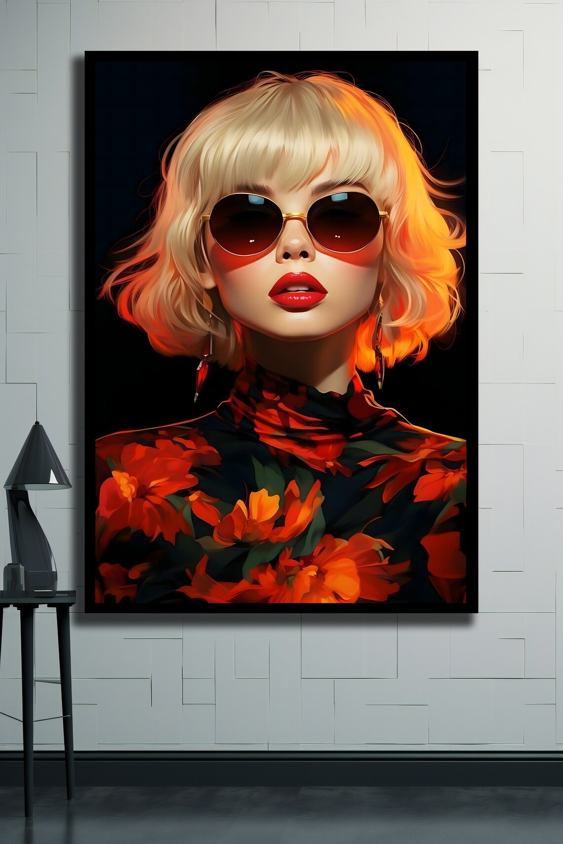 Blonde Woman Round Sunglasses Red Floral Top Neon Fashion Portrait Poster - Image 2