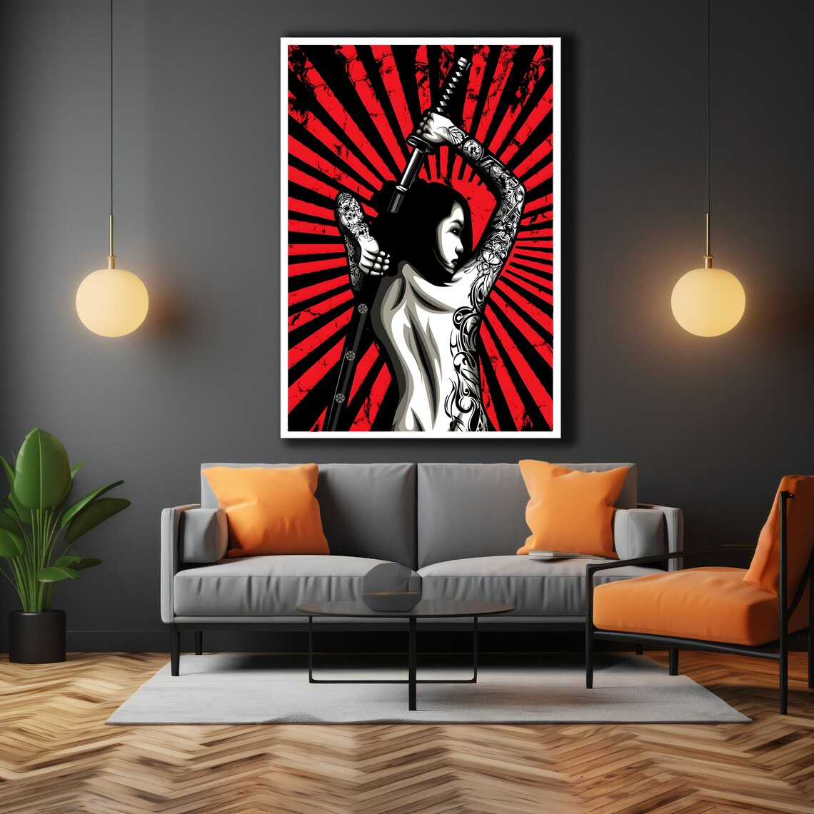 Japanese Samurai Girl With Katana Red Rising Sun Tattoo Art Print - Image 3