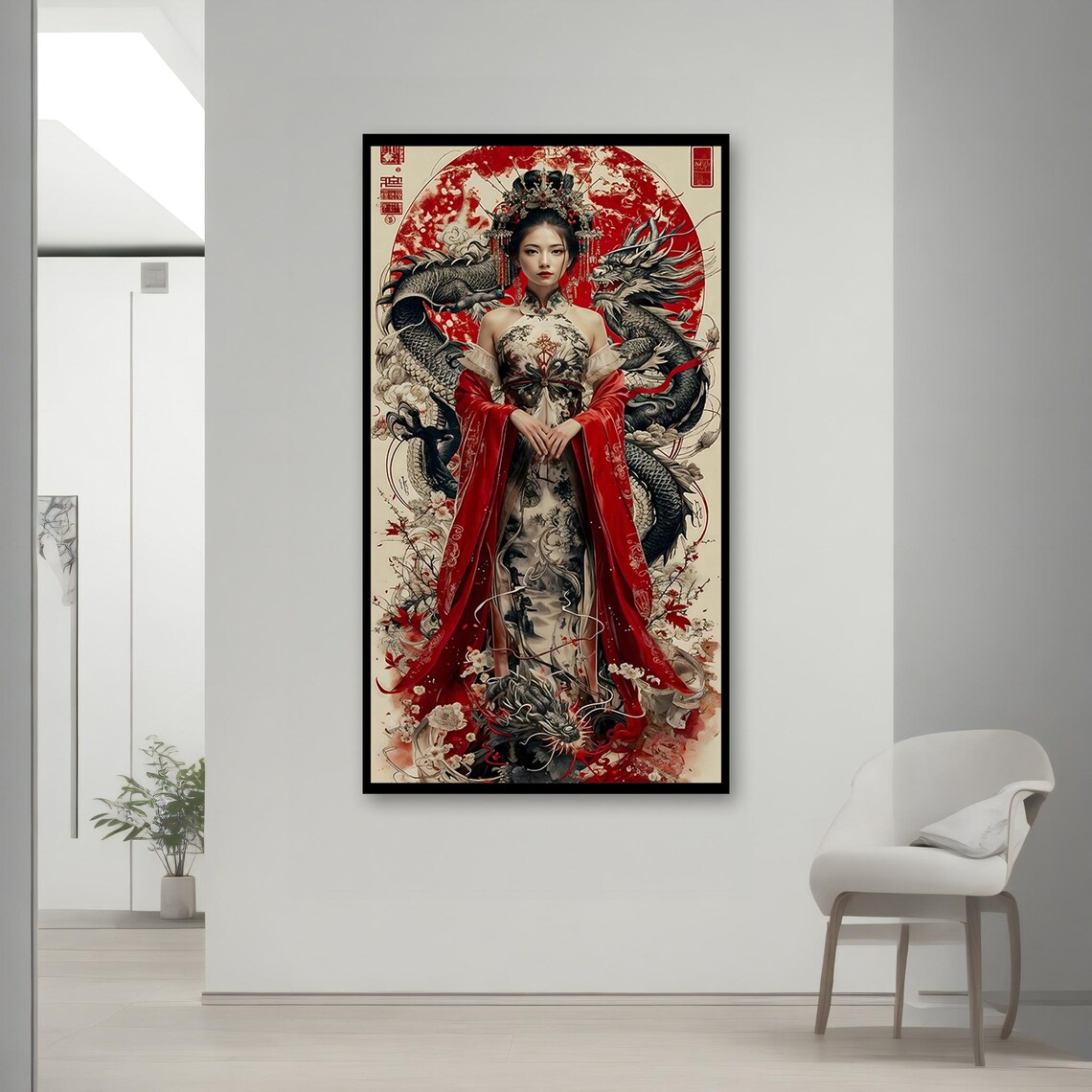 Oriental Empress With Twin Dragons Red Sun Circle Floral Tattoo Dress Poster - Image 2