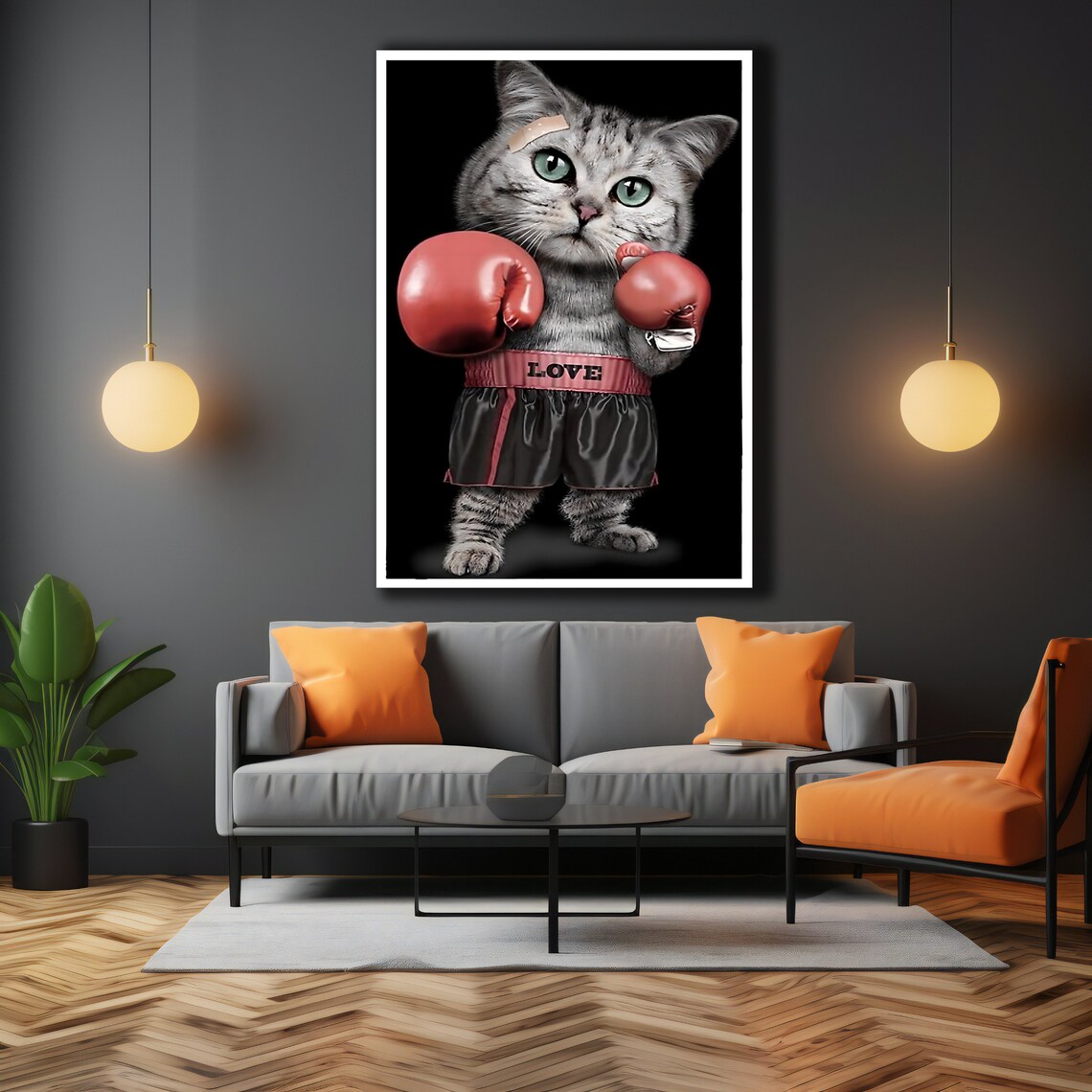 Cute Boxer Cat In Red Gloves LOVE Shorts Funny Animal Wall Art Poster - Image 3