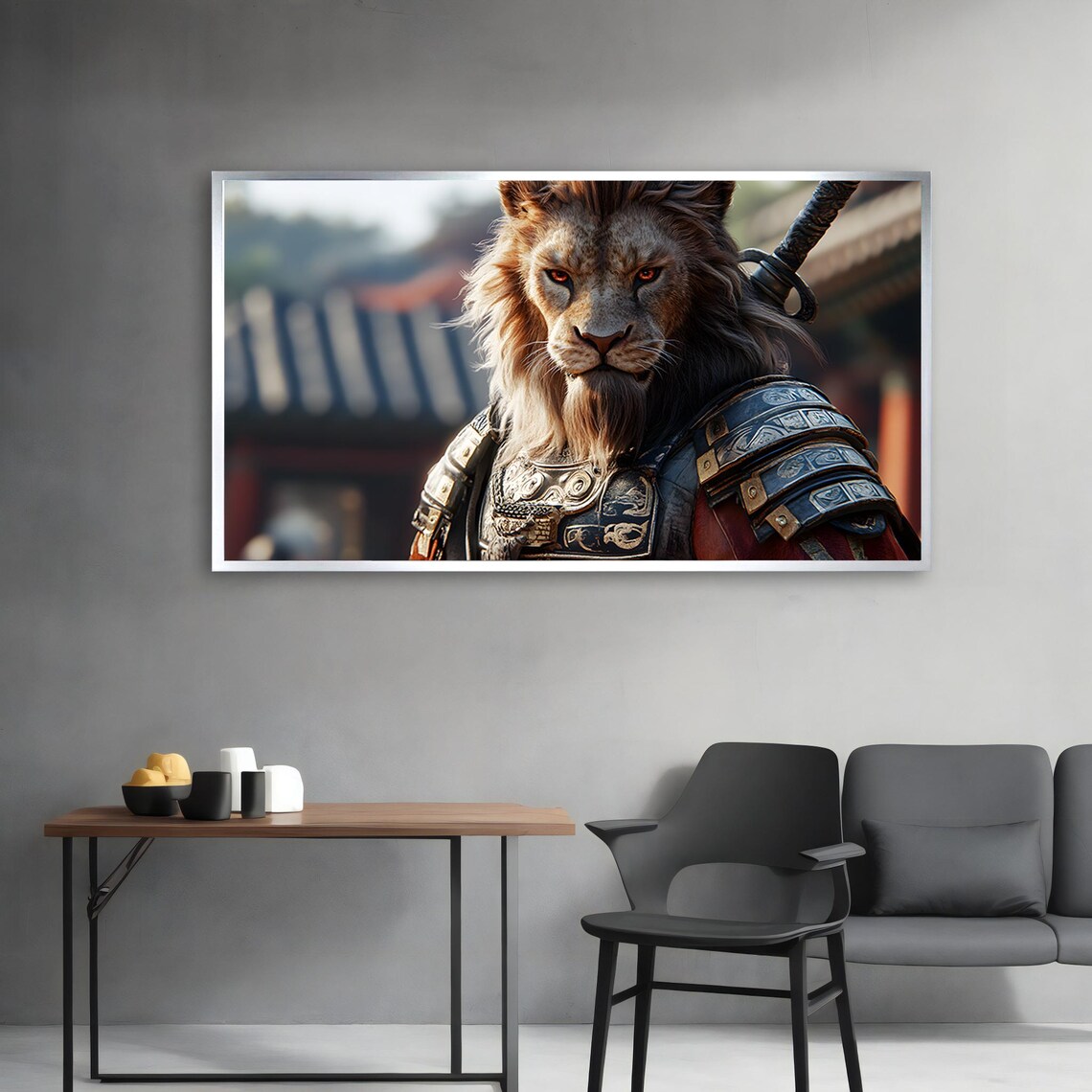 Samurai Lion Warrior in Armor Katana Fantasy Animal Portrait Wall Art Poster - Image 3