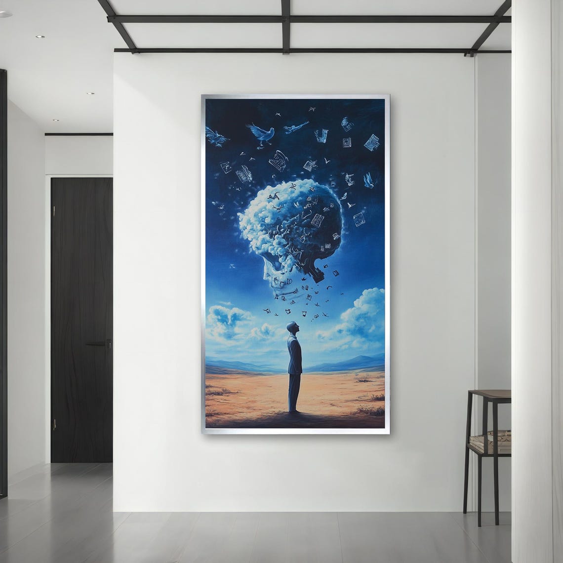 Surreal Blue Dreamscape Art Surrealist Skull And Birds Wall Decor Thoughtful Gift Abstract Sky Painting Gift Idea - Image 3