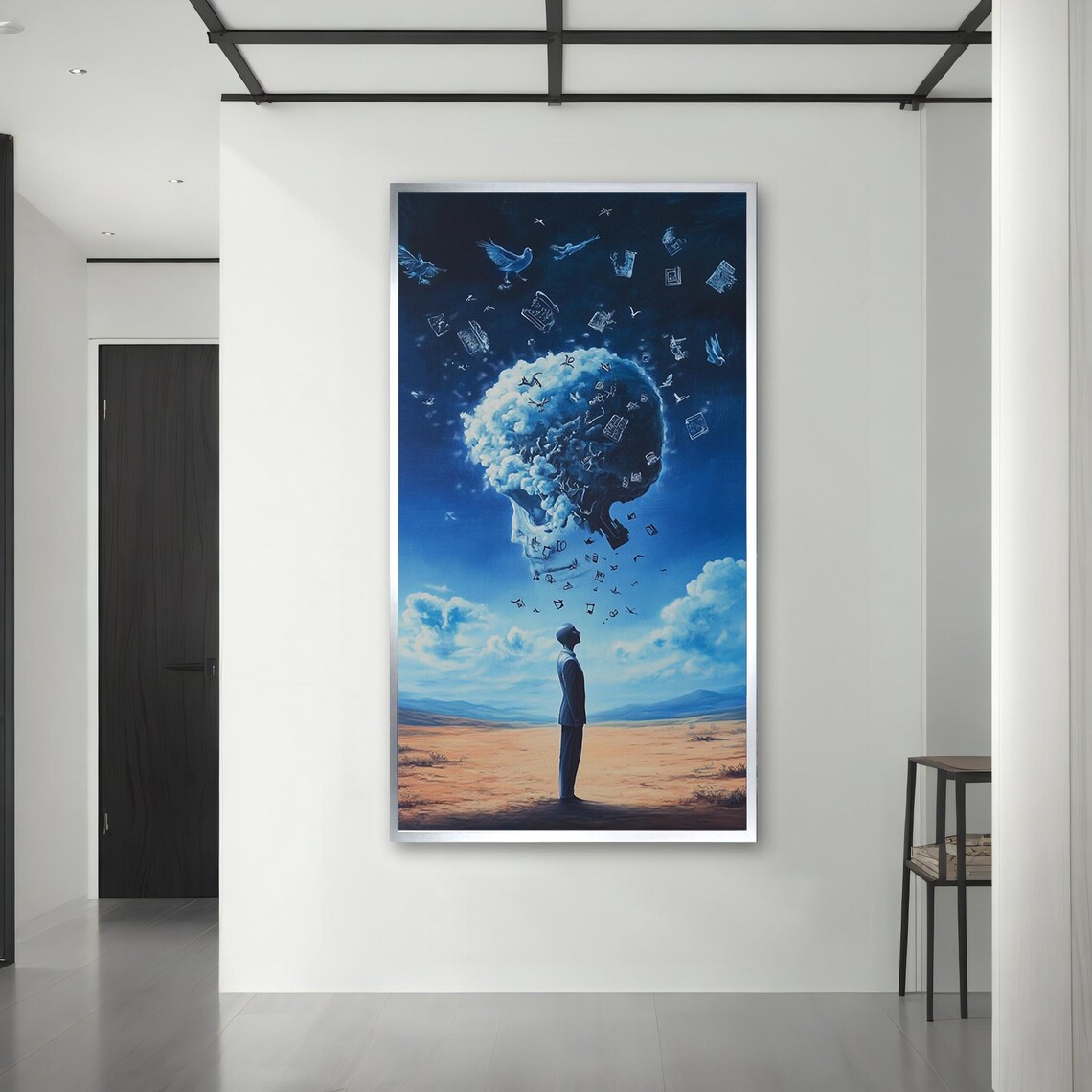 Surreal Blue Skull Cloud Over Desert Man Looking Up Dreamlike Sky Art Poster - Image 3