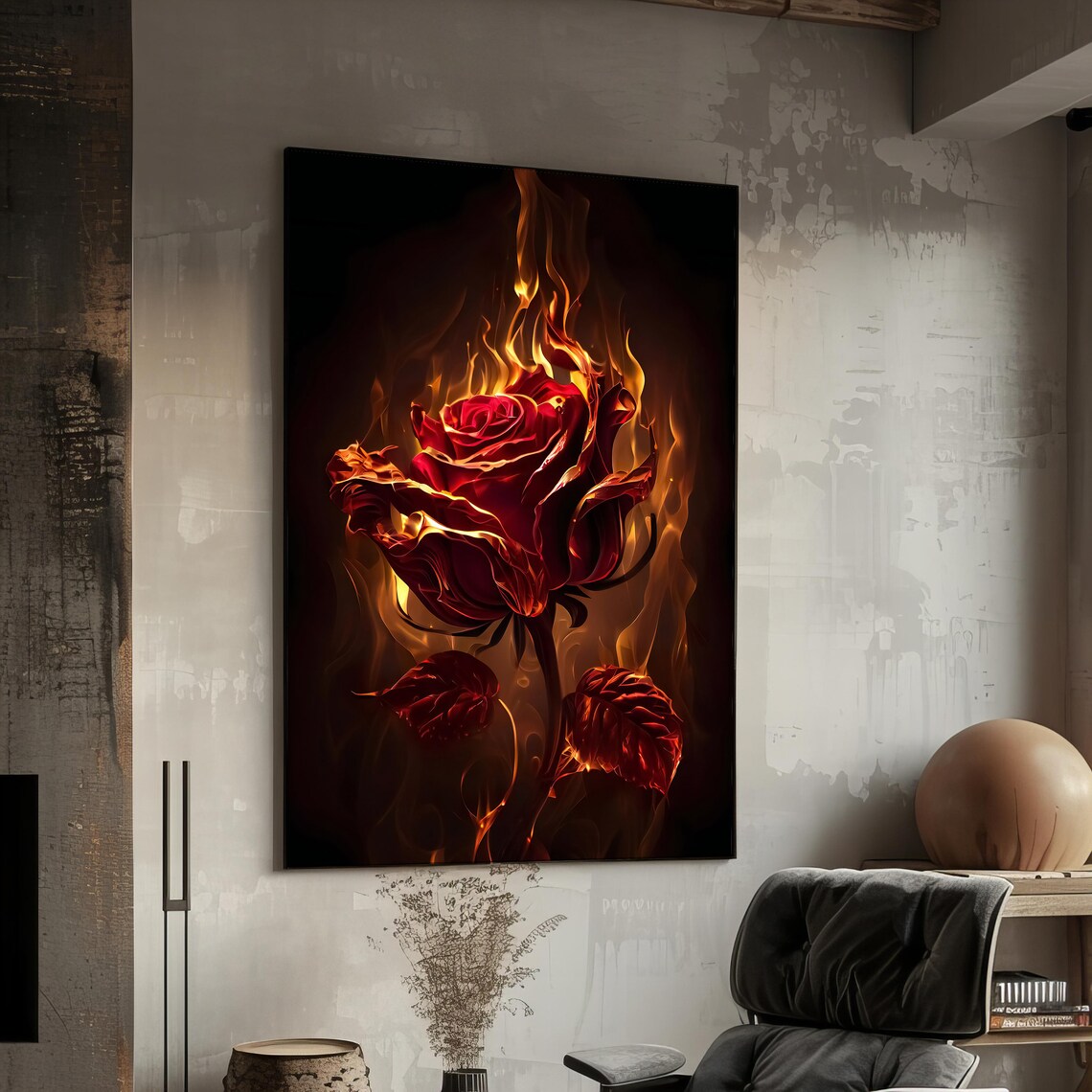 Flaming Red Rose in Fire on Black Dramatic Gothic Floral Art Poster