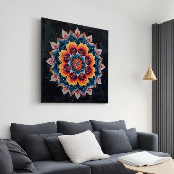 Colorful Floral Mandala Orange Pink Blue On Black Bohemian Zen Wall Poster
