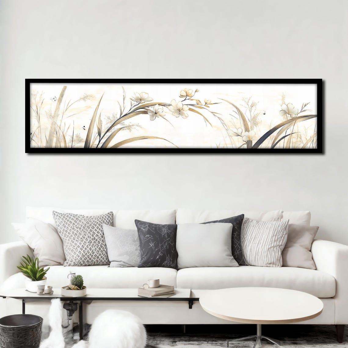 Minimalist Cream Floral Botanical Grasses Panoramic Wall Art Poster - Image 3