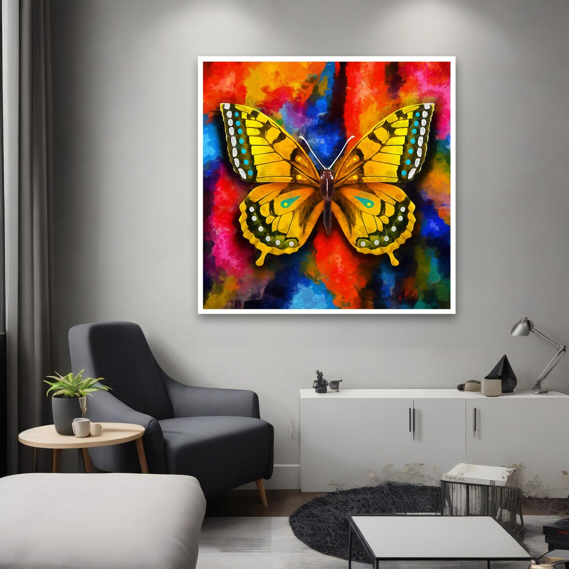 Vibrant Yellow Butterfly Colorful Abstract Background Art Print - Image 2