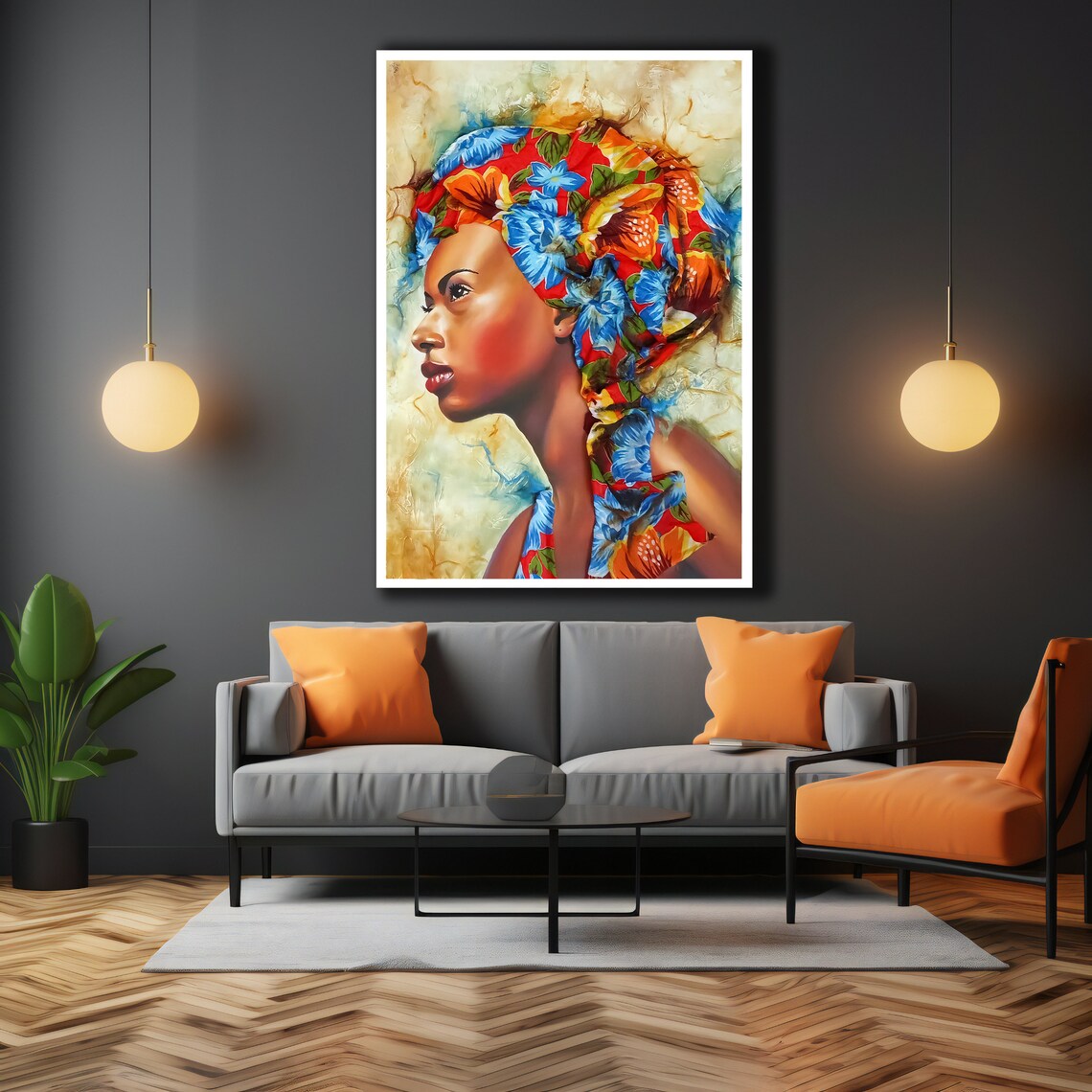 African Woman in Colorful Floral Headwrap Profile Portrait Wall Art - Image 3