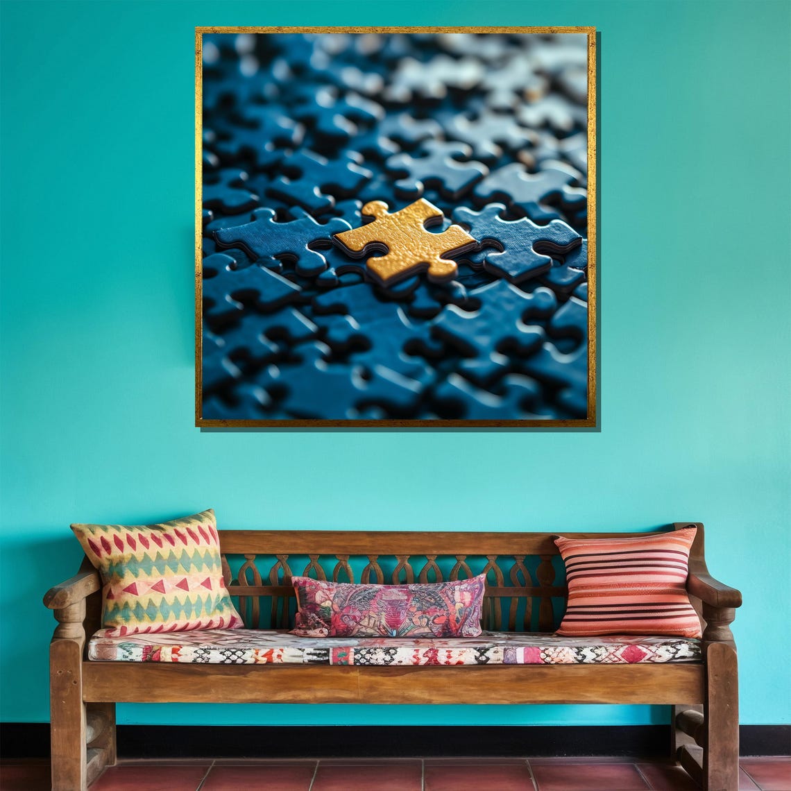 Golden Puzzle Piece Among Blue Pieces Modern Abstract Concept Poster - Image 4